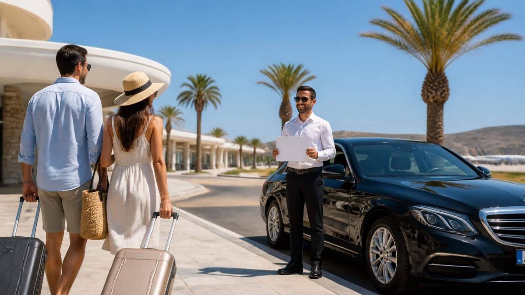 Chauffeur with a name sign meeting travellers next to a black sedan at Rhodes Airport arrivals