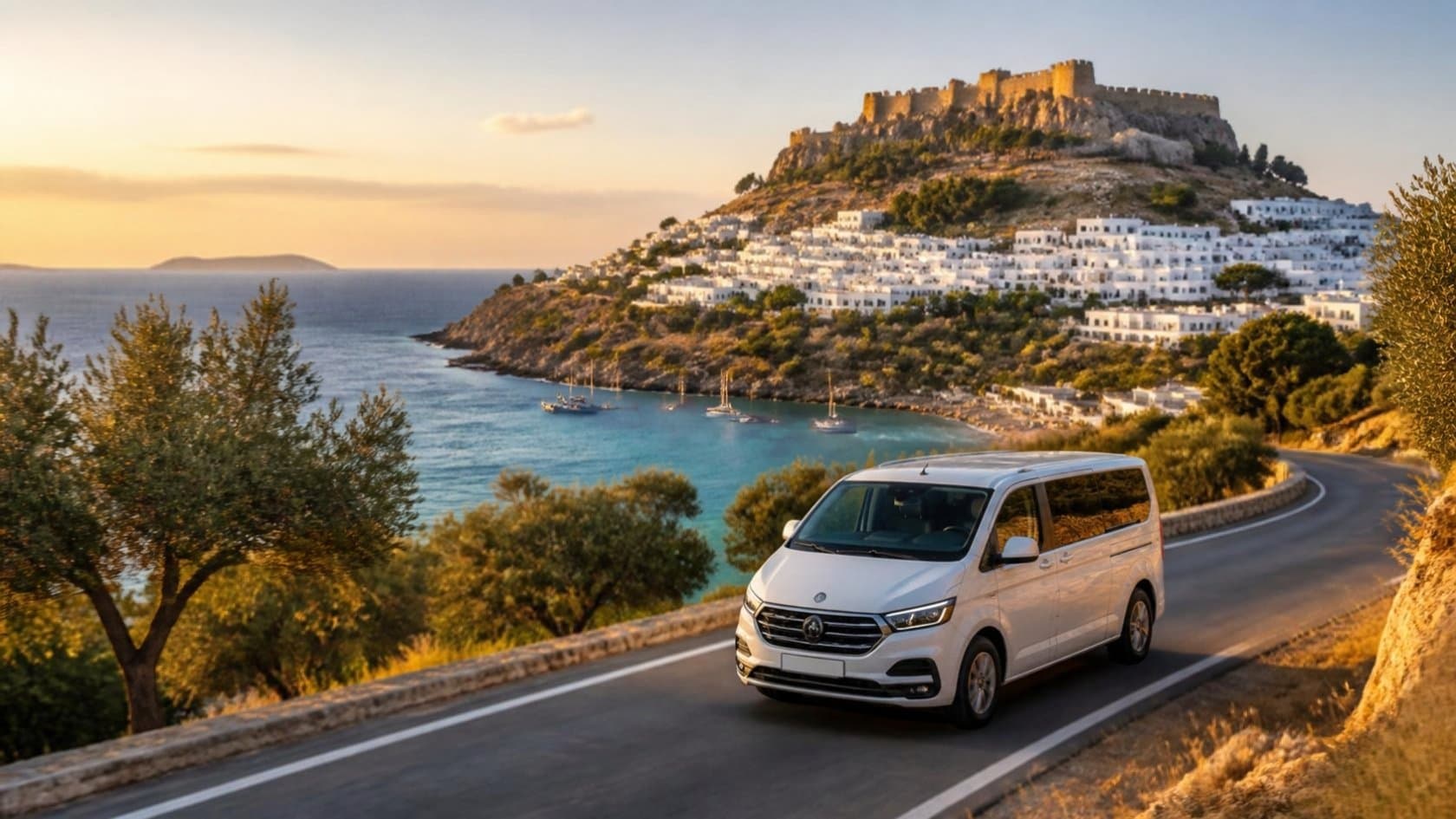 White minivan driving along the coastal road towards Lindos on Rhodes island at golden hour